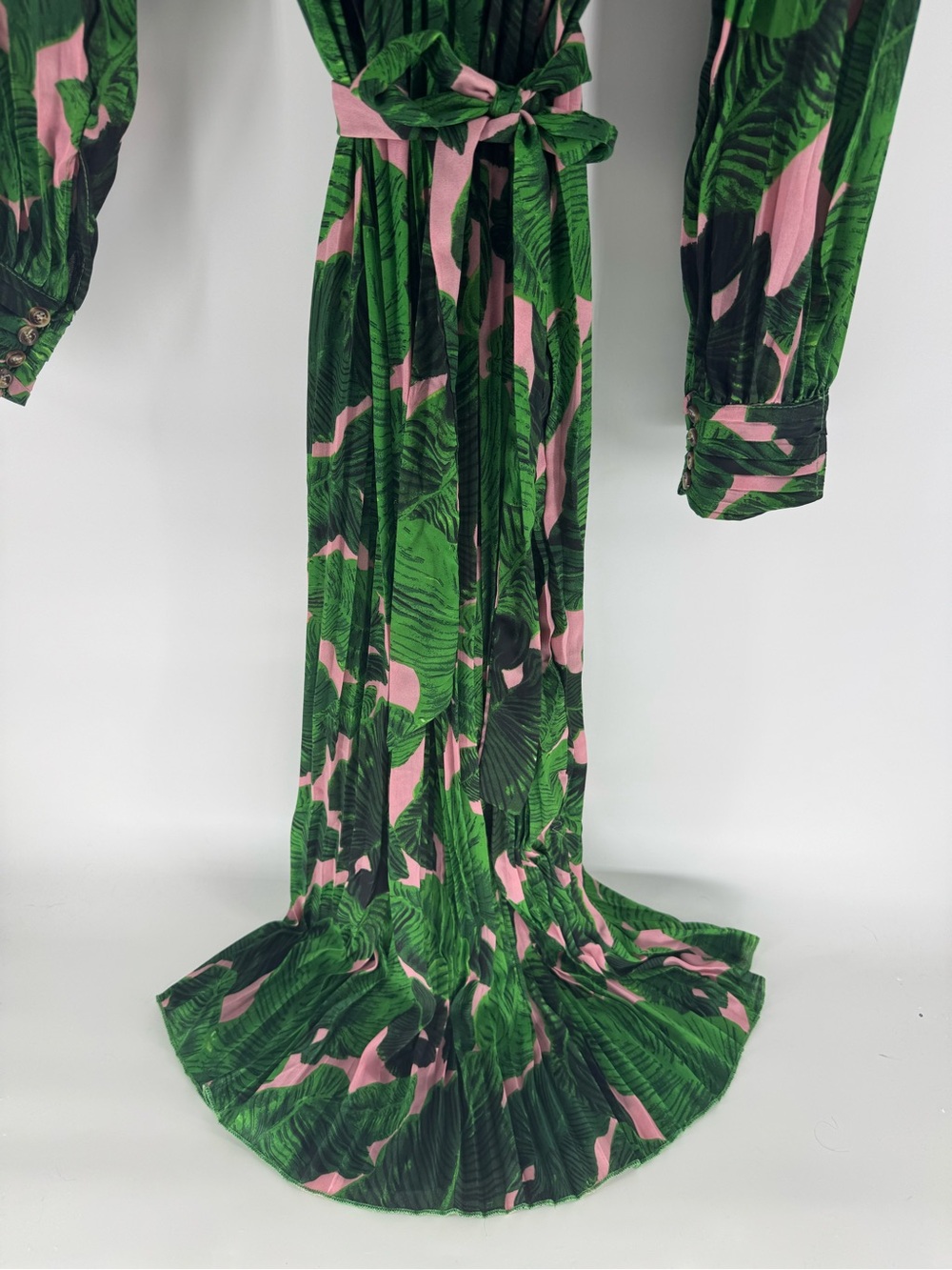 Beulah Style Palm Print Pleated Maxi Dress Green Pink Tropical Long Sleeve Sz M - Picture 4 of 11